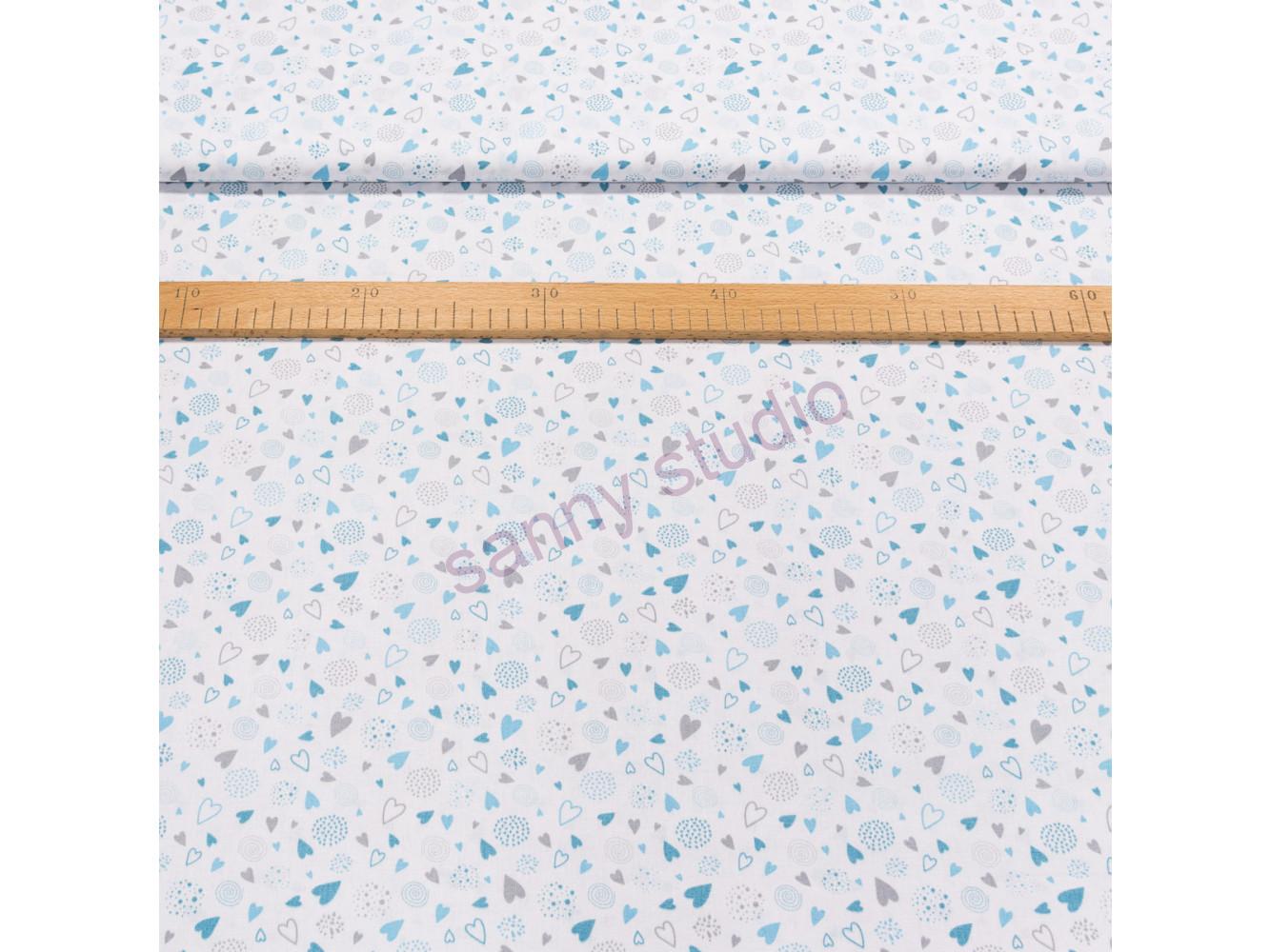 Bavlněné plátno ANIKA modré a šedé drobné srdíčka, š.160cm