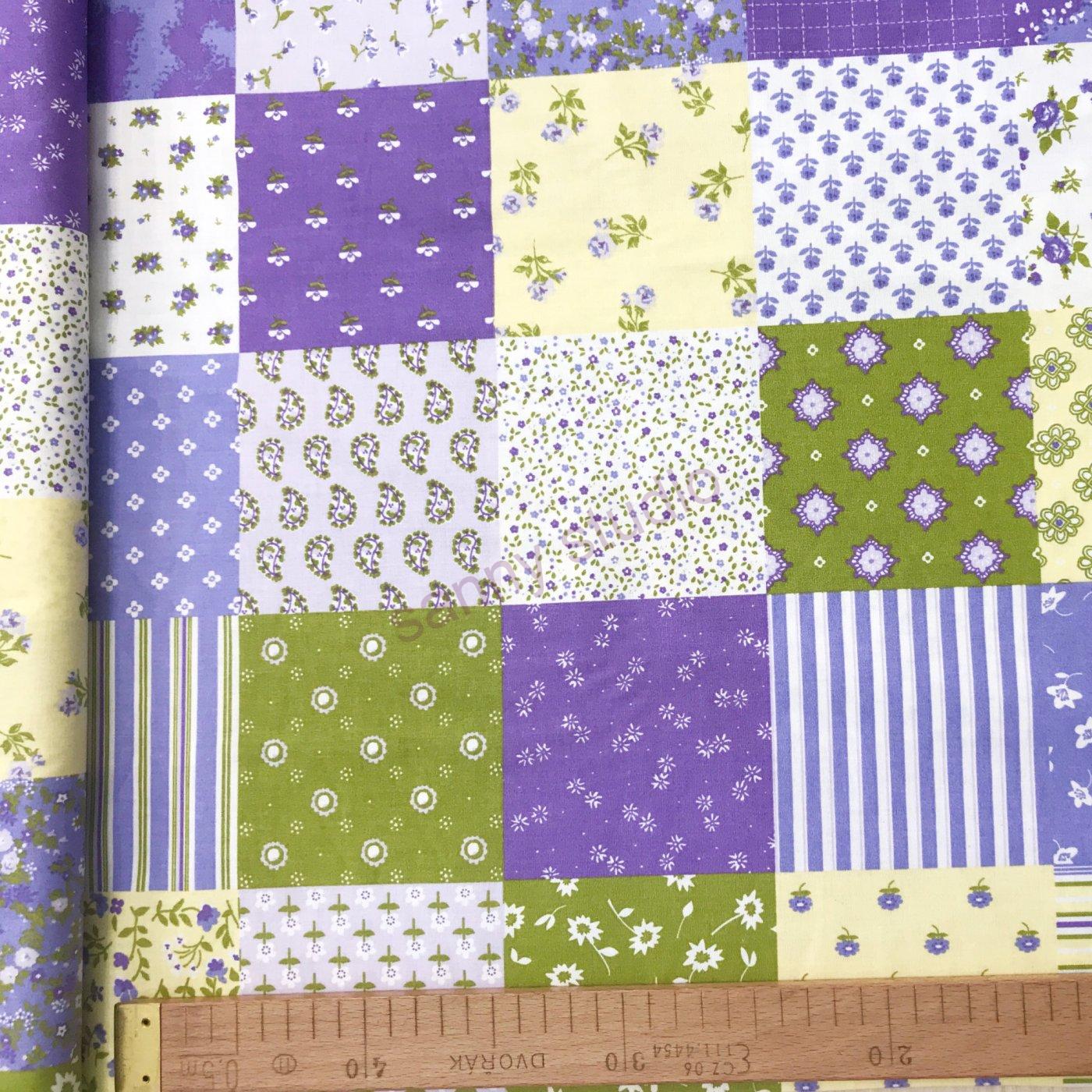 Bavlněná látka fialovo žlutý patchwork