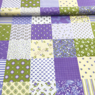 Bavlněná látka fialovo žlutý patchwork
